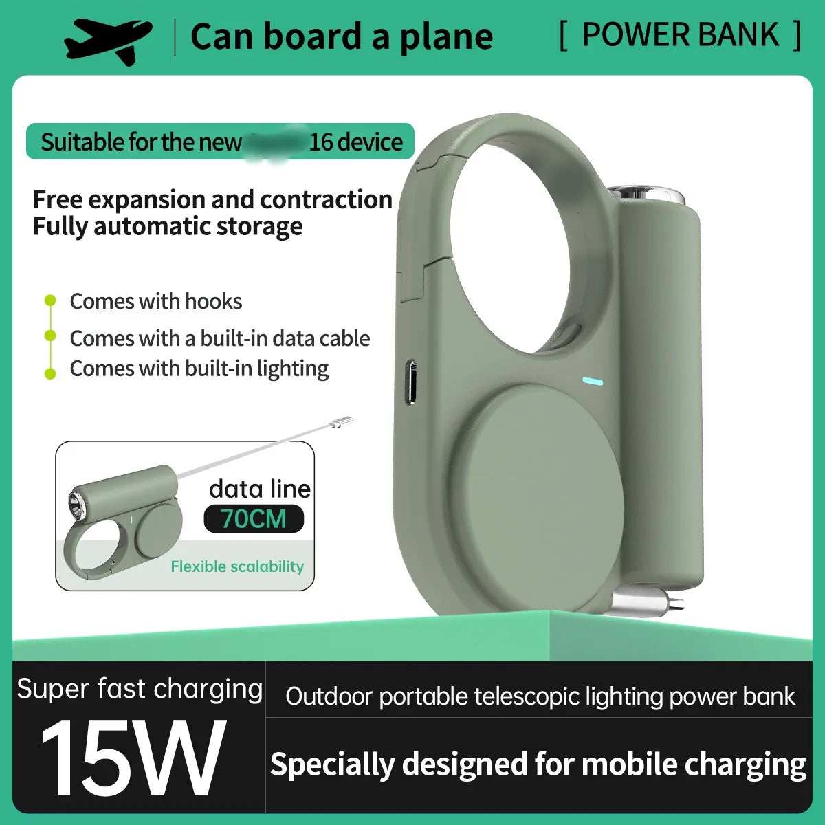 5000mAh Outdoor Power Bank Multifunctional Retractable Type-C Cable Built-in Flashlight Buckle for Travel 2025 Latest Portable - TrendBug