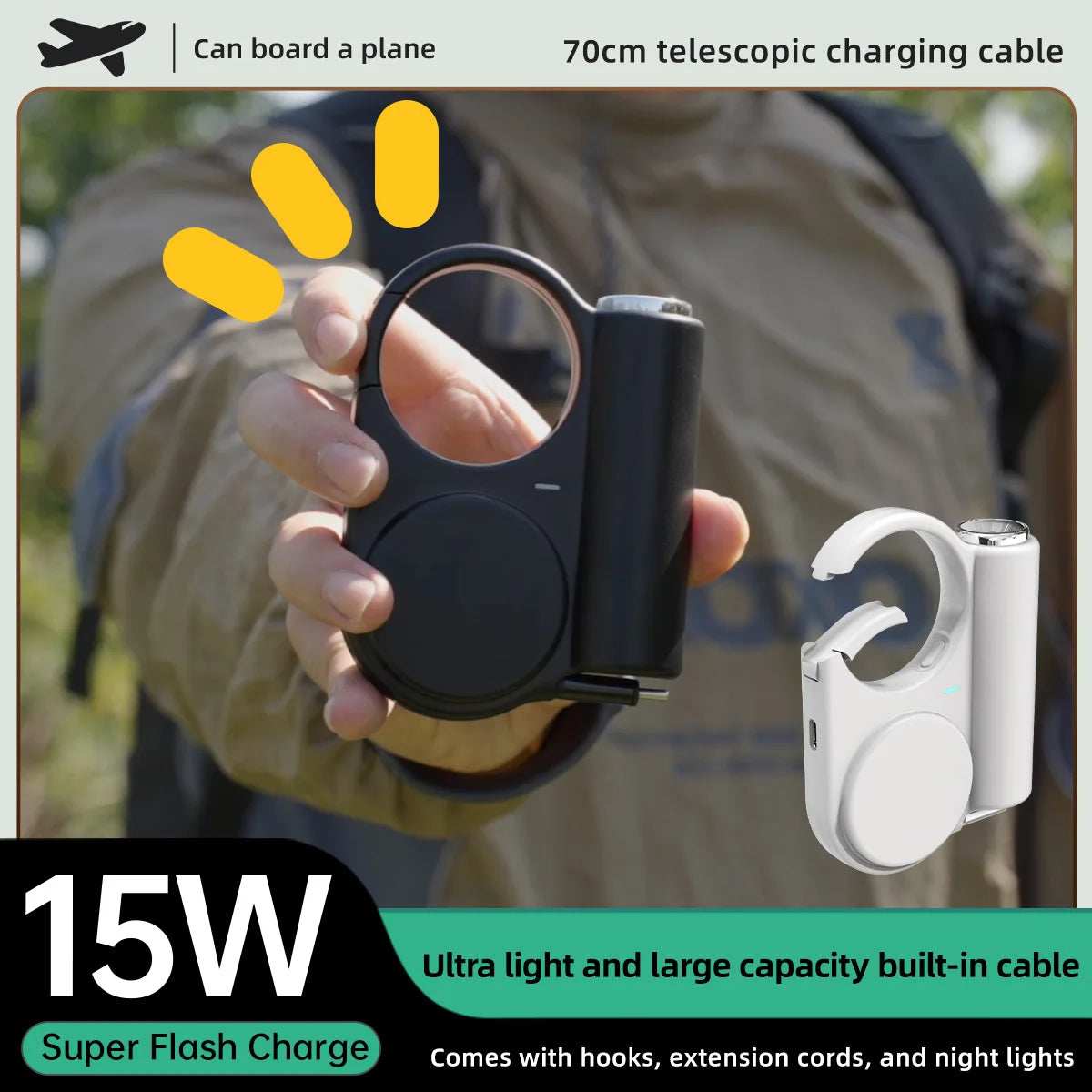 5000mAh Outdoor Power Bank Multifunctional Retractable Type-C Cable Built-in Flashlight Buckle for Travel 2025 Latest Portable - TrendBug