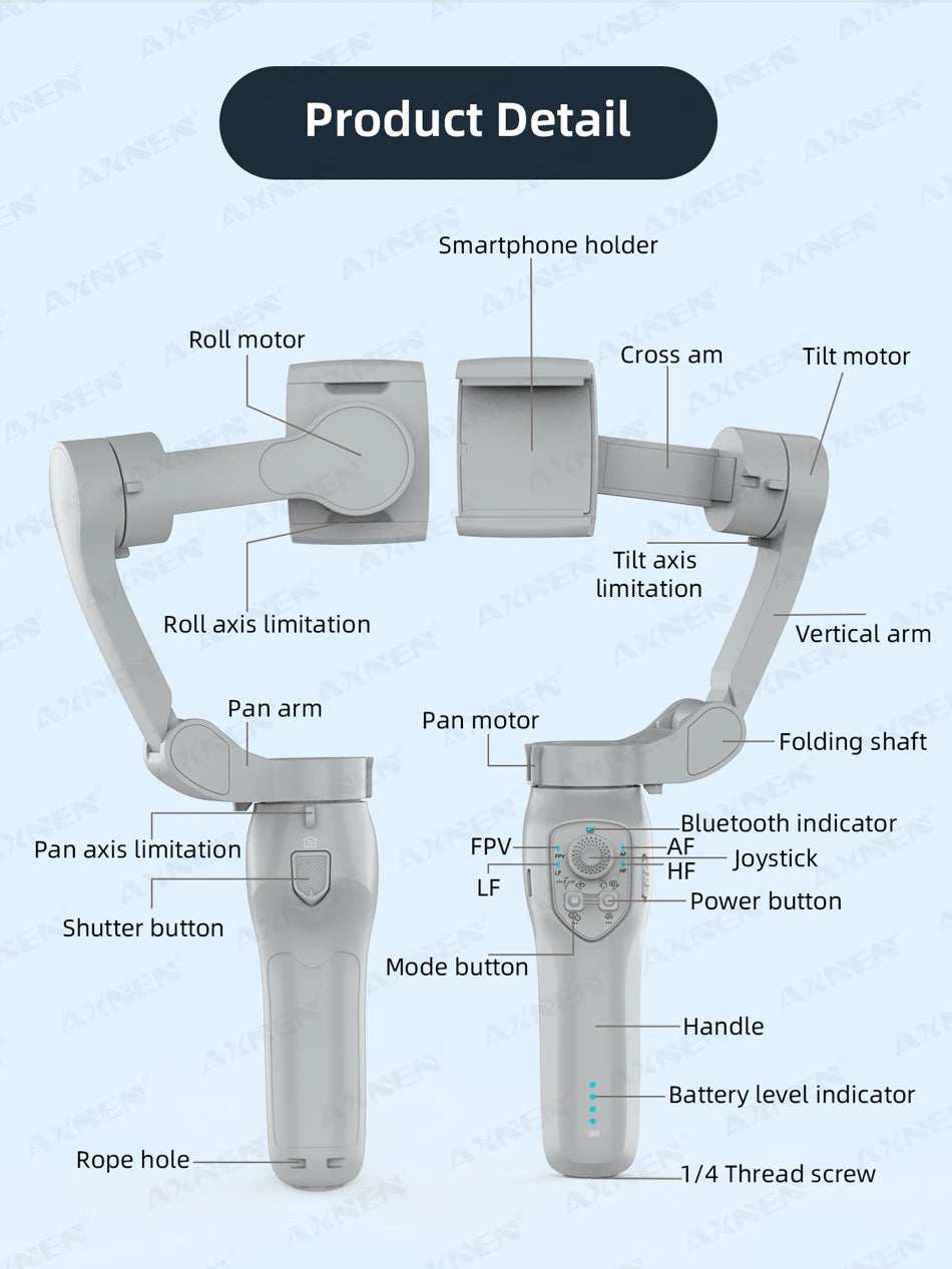 AXNEN HQ5 Handheld Stabilizer 3-Axis Foldable Mobile Shooting Gimbal Selfie Stick Gimble, Optional AI Face Following Module - TrendBug