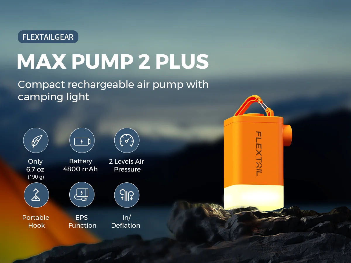 FLEXTAIL MAX PUMP 2 PLUS - Electric Air Pump with Camping Light and Emergency Power Supply, 4800mAh Battery, Dual Pressure Level - TrendBug