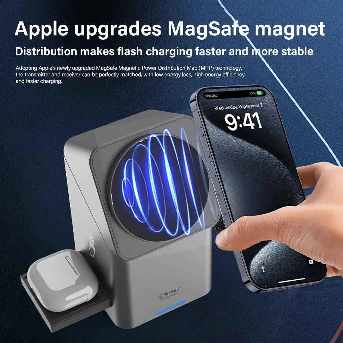 3-in-1 Foldable 15W Wireless Charger POP up Phone Stand for iPhone Watch AirPods-Magnetic Stand