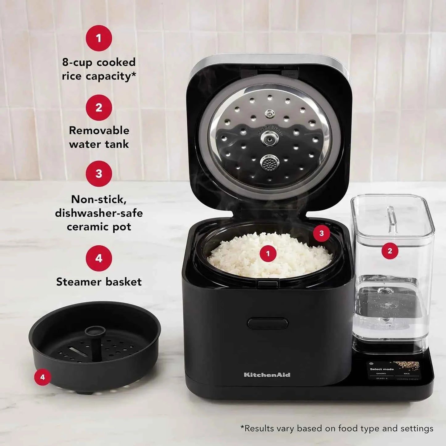 Grain and Rice Cooker 8 C Auoaically Sensing Inegraed Scale + aer ank, KGC3155, Bla ae