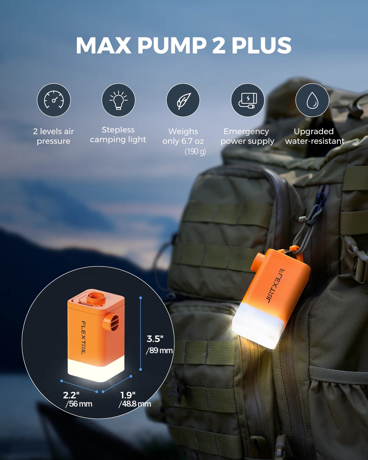 FLEXTAIL MAX PUMP 2 PLUS - Electric Air Pump with Camping Light and Emergency Power Supply, 4800mAh Battery, Dual Pressure Level - TrendBug