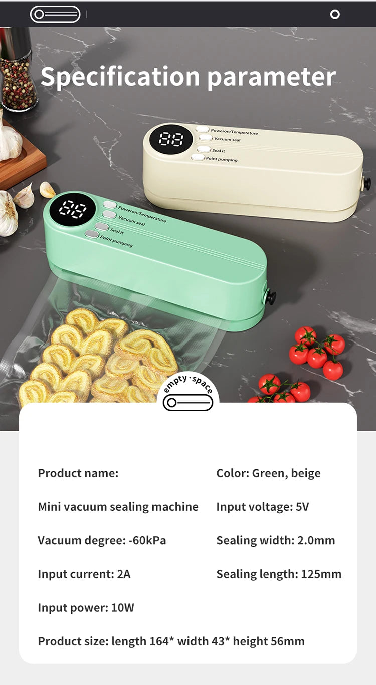 Mini Vacuum Sealer - USB Rechargeable Portable Wireless for Dry/Moist Food Preservation with Bags & Pump - TrendBug