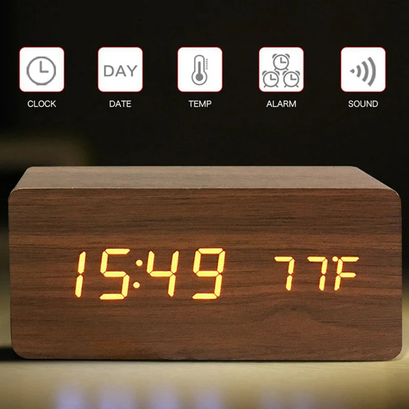 Wooden Digital Alarm Clock, LED Alarm Clock with Temperature Desk Clocks for Office,Bedside Clock - TrendBug
