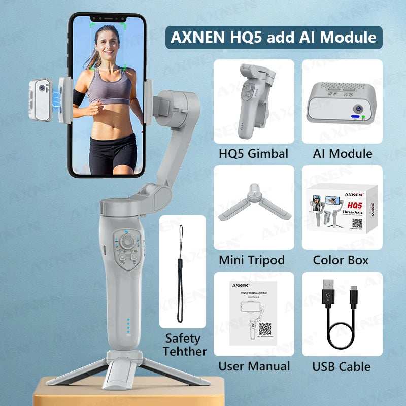 AXNEN HQ5 Handheld Stabilizer 3-Axis Foldable Mobile Shooting Gimbal Selfie Stick Gimble, Optional AI Face Following Module - TrendBug