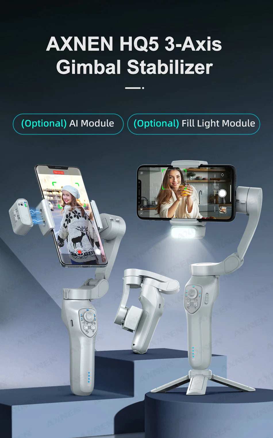 AXNEN HQ5 Handheld Stabilizer 3-Axis Foldable Mobile Shooting Gimbal Selfie Stick Gimble, Optional AI Face Following Module - TrendBug
