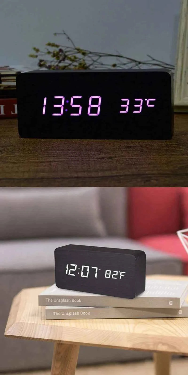 Wooden Digital Alarm Clock, LED Alarm Clock with Temperature Desk Clocks for Office,Bedside Clock