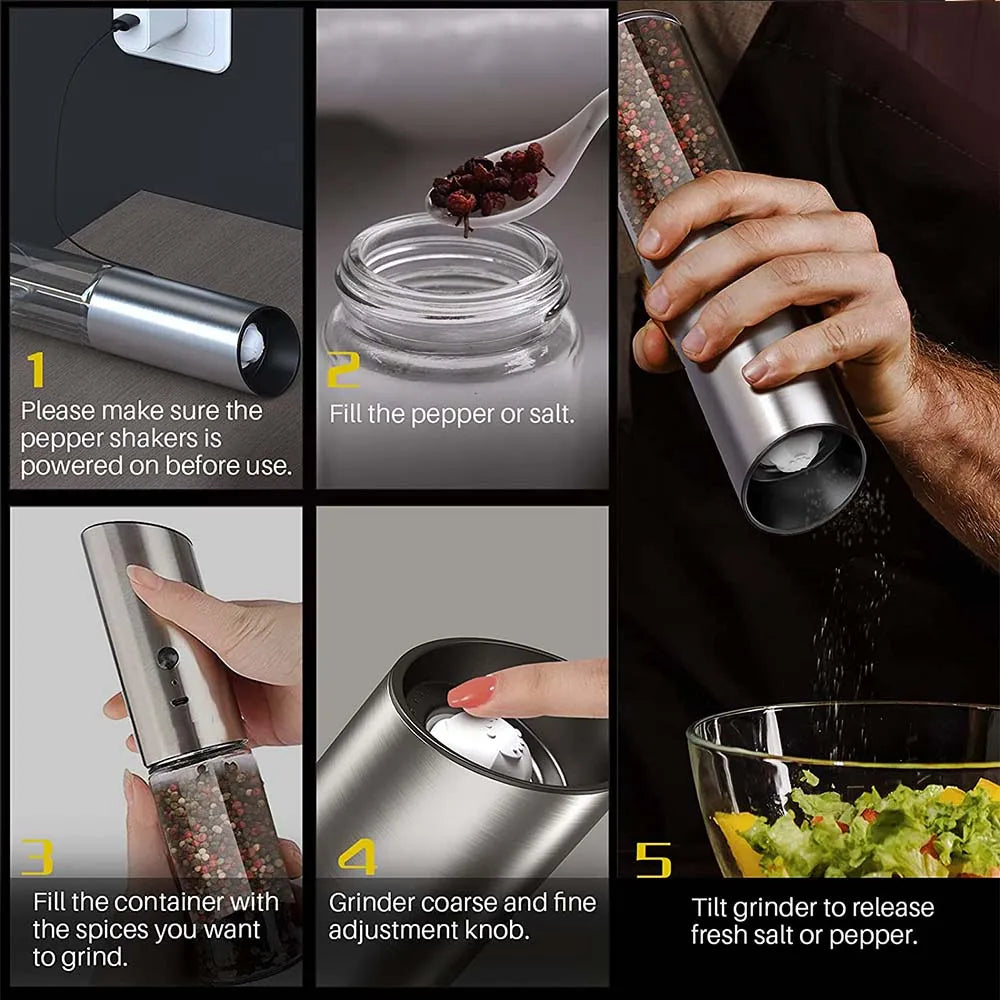 Electric Salt and Pepper Grinder Set USB Rechargeable Eletric Pepper Mill Shakers Automatic Spice Steel Machine Kitchen Tool - TrendBug