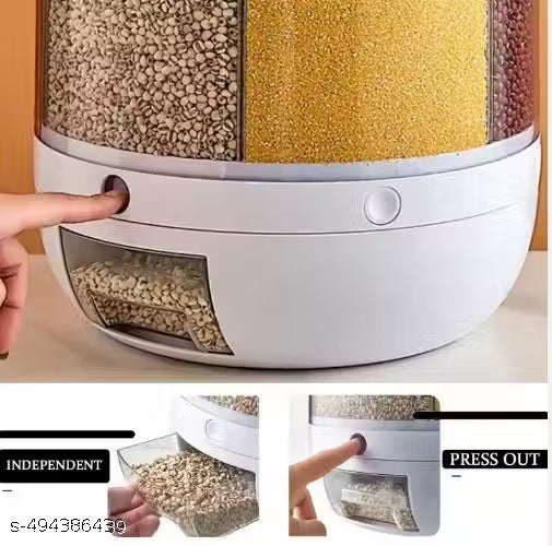 6-Grid Rotating Food Dispenser - Stackable Cereal, Rice, and Grain Storage Container with Measuring Cup (White)