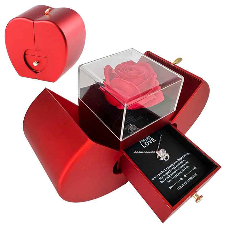 Fashion Jewelry Box Red Apple Necklace Eternal Rose For Girls Mother's Day Valentine's Day Gifts With Artificial Flower Rose Flower Jewelry Box