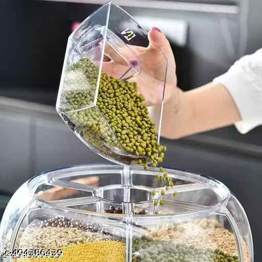 6-Grid Rotating Food Dispenser - Stackable Cereal, Rice, and Grain Storage Container with Measuring Cup (White)