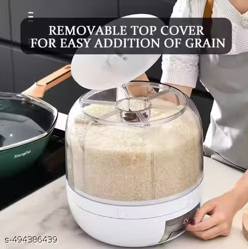 6-Grid Rotating Food Dispenser - Stackable Cereal, Rice, and Grain Storage Container with Measuring Cup (White)