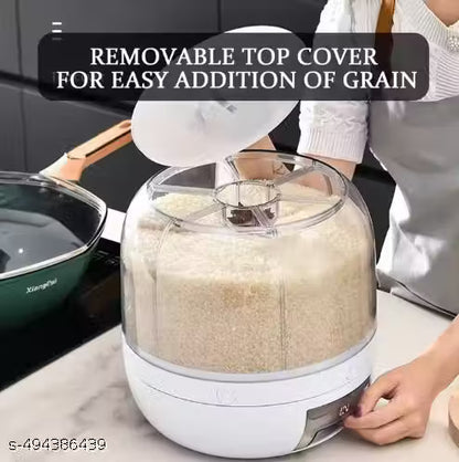 6-Grid Rotating Food Dispenser - Stackable Cereal, Rice, and Grain Storage Container with Measuring Cup (White)
