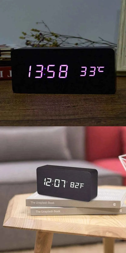 Wooden Digital Alarm Clock, LED Alarm Clock with Temperature Desk Clocks for Office,Bedside Clock