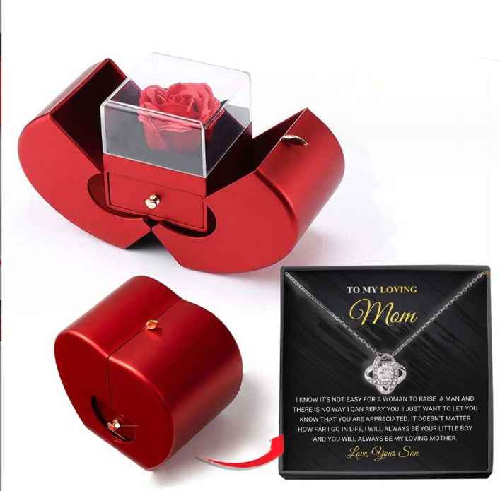 Fashion Jewelry Box Red Apple Necklace Eternal Rose For Girls  Mother's Day Valentine's Day Gifts With Artificial Flower Rose Flower Jewelry Box