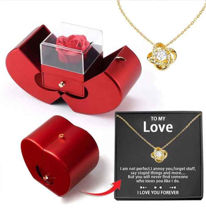 Fashion Jewelry Box Red Apple Necklace Eternal Rose For Girls  Mother's Day Valentine's Day Gifts With Artificial Flower Rose Flower Jewelry Box