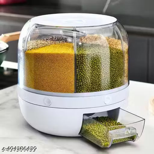 6-Grid Rotating Food Dispenser - Stackable Cereal, Rice, and Grain Storage Container with Measuring Cup (White)