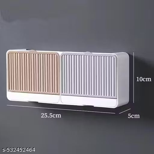 QUINZEE Clamshell Soap Box Wall-Mounted with Cover, Double Grid-Asphalt Toilet Laundry Soap Draining Rack Bathroom Soap Holder (Pack of 1)